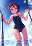  absurdres blue_eyes brown_hair cloud competition_school_swimsuit day highres long_hair looking_at_viewer one-piece_swimsuit original pool pool_ladder poolside school_swimsuit side_ponytail sky smile solo swimsuit takoyaki_(roast) wading water wet 