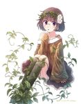  bad_id bad_pixiv_id blush brown_hair dress finger_to_mouth flower glasses hair_flower hair_ornament head_wreath leaf looking_at_viewer off_shoulder open_mouth original plant purple_eyes sitting solo tears transformation vines watermark yakka 