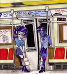  bags blue_eyes blush clothing duo english_text equestria_girls female green_hair hair looking_at_viewer male multi-colored_hair my_little_pony newyorkx3 pia-sama purple_eyes purple_hair rarity_(eg) shoes skirt standing subway text train twilight_sparkle_(eg) 