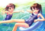  :d ;d absurdres afloat brown_eyes brown_hair competition_school_swimsuit fang highres innertube long_hair lying multiple_girls old_school_swimsuit on_back one-piece_swimsuit one_eye_closed open_mouth original ponytail school_swimsuit shiny shiny_clothes short_hair side_ponytail smile splashing swimsuit takoyaki_(roast) wading water wet wet_clothes 