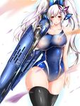  1girl areolae black_legwear black_thighhighs breasts butterfly curvy female gun hair_ornament highres huge_breasts long_hair minamon_(vittel221) nipples one-piece_swimsuit red_eyes see-through silver_hair solo standing swimsuit thighhighs walking weapon wind 
