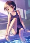  :o absurdres barefoot breasts brown_eyes brown_hair hands_on_feet highres long_hair low_twintails one-piece_swimsuit open_mouth original pool poolside scan school_swimsuit sitting small_breasts soaking_feet solo swimsuit takoyaki_(roast) twintails water 