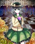  blouse checkered checkered_floor floral_print flower green_eyes hat hat_ribbon heart heart_of_string highres kagetsu_koya komeiji_koishi light_smile looking_at_viewer multicolored multicolored_background ribbon rose short_hair silver_hair skirt sleeves_past_wrists solo standing striped striped_background third_eye touhou 