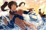  avatar:_the_last_airbender avatar_(series) blue_eyes bolin breasts brown_hair dark_skin detached_sleeves element_bending fish fishing hair_tubes korra large_breasts long_hair ponytail reza_kabir slingshot_swimsuit swimsuit the_legend_of_korra topknot underboob water 