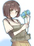  brown_eyes brown_hair flower haruyuki_(yukichasoba) holding holding_flower hyuuga_(kantai_collection) japanese_clothes kantai_collection mecha_musume short_hair sketch solo 