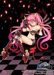  antenna_hair armpits bad_id bad_pixiv_id bare_shoulders bikini_top boots breasts checkered checkered_floor covering covering_breasts demon_tail gears glasses gloves hair_ornament knee_pads large_breasts long_hair mechanical_wings pink_hair red_eyes short_shorts shorts solo tail twintails unleashed very_long_hair wings yuruto 