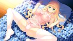  bed blonde_hair blue_eyes blush breasts game_cg garter hoshi_no_ne_sanctuary marmalade naruse_hirofumi nipples panties see_through serina_malgrid_octavius thighhighs underwear 