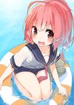  blush hair_ribbon highres i-168_(kantai_collection) innertube kantai_collection long_hair looking_at_viewer open_mouth ponytail red_eyes red_hair ribbon school_swimsuit school_uniform serafuku solo swimsuit swimsuit_under_clothes tofu1601 water wavy_mouth 