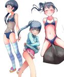  bikini bikini_under_clothes black_hair blue_eyes casual_one-piece_swimsuit character_sheet costume_chart fantasista_doll frilled_swimsuit frills highres inflatable_orca inflatable_toy jacket long_hair multiple_views navel nyama one-piece_swimsuit side_ponytail striped striped_legwear swimsuit swimsuit_under_clothes thighhighs track_jacket ukiwa_(fantasista_doll) undressing whistle 