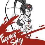  blood breasts cleavage commentary cosplay dress english_commentary eyepatch fish_girl hair_ornament head_fins highres josue_pereira minette_(skullgirls) monochrome monster_girl nurse red_cross scales short_dress skullgirls slender_waist small_breasts solo spot_color valentine_(skullgirls) valentine_(skullgirls)_(cosplay) 