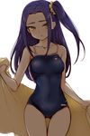  blush collarbone competition_school_swimsuit half_updo kurokawa_eren long_hair looking_at_viewer minatsuki_randoseru one-piece_swimsuit one_side_up precure purple_hair seiren_(suite_precure) simple_background slit_pupils solo suite_precure swimsuit towel white_background yellow_eyes 