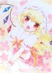  :d bow bowtie dutch_angle flandre_scarlet highres kuzuhadao looking_at_viewer marker_(medium) miniskirt open_mouth pale_color pastel_(medium) pink puffy_short_sleeves puffy_sleeves red_eyes short_sleeves side_ponytail skirt smile thighhighs touhou traditional_media white_legwear wrist_cuffs 
