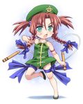 blush_stickers braid chinese_clothes green_hair grey_background hair_bobbles hair_ornament hair_ribbon hat hong_meiling nonodera_minku nunchaku red_hair ribbon solo touhou twin_braids twintails weapon younger 