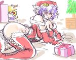  2girls bare_shoulders breasts christmas danna_(karatekikku) elbow_gloves female gift gloves hat highleg huge_breasts lying moriya_suwako multiple_girls on_stomach purple_hair red_eyes santa_costume santa_hat short_hair sketch thighhighs touhou yasaka_kanako 