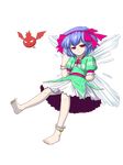  anklet arm_behind_back bare_legs barefoot blue_hair bow choker creature dress elfin_mint frown full_body green_shirt hairband highres jewelry original pale_skin pink_bow print_shirt puffy_sleeves red_eyes shirt short_hair solo teitoku the_last_comer touhou transparent_background wings 