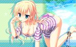  asahina_shin ass blonde_hair breasts cleavage collarbone copyright_name countdown green_eyes highres karumaruka_circle kneeling long_hair looking_at_viewer medium_breasts nipples panties panties_around_one_leg shirt side-tie_panties solo striped striped_shirt toranosuke underwear 