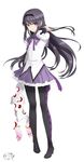  akemi_homura black_hair briska bullet_hole creature diamond_(shape) frills hairband kyubey long_hair long_sleeves looking_at_viewer magical_girl mahou_shoujo_madoka_magica pantyhose pleated_skirt purple_eyes ribbon skirt standing very_long_hair white_background 