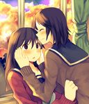  :o ^_^ blush brown_eyes brown_hair closed_eyes cloud curtains dusk expressionless grabbing hachiko_(hati12) hands_on_another's_cheeks hands_on_another's_face holding_head indoors long_hair long_sleeves multiple_girls open_mouth original parted_lips school_uniform serafuku smile sunset sweater window yuri 