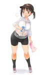  aka_ume bike_shorts black_eyes black_hair black_legwear breath can highres open_mouth original see-through shoes short_twintails sneakers socks solo towel twintails white_background 