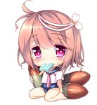  blush brown_hair chibi eating food hair_ornament i-58_(kantai_collection) kantai_collection looking_at_viewer lowres necktie one-piece_swimsuit pink_eyes popsicle rei_(rei's_room) school_swimsuit short_hair solo swimsuit torpedo 
