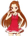  bare_shoulders blush brown_hair collarbone dokidoki!_precure food hand_on_hip long_hair madoka_aguri minatsuki_randoseru open_mouth popsicle precure red_eyes sailor_collar simple_background sleeveless solo white_background white_sailor_collar 