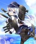  anchor bad_id bad_pixiv_id black_legwear blue_eyes chico152 hat hibiki_(kantai_collection) highres kantai_collection long_hair looking_at_viewer panties panties_under_pantyhose pantyhose school_uniform serafuku silver_hair skirt solo thighband_pantyhose underwear 