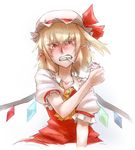  ascot blonde_hair blush collarbone colored_eyelashes condom didloaded error eyelashes fangs fingernails flandre_scarlet frills hat looking_at_viewer pointy_ears pov red_eyes sharp_fingernails sharp_teeth simple_background slit_pupils solo teeth touhou white_background wings you_gonna_get_raped 
