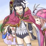  3girls =_= anger_vein atelier_(series) atelier_totori black_hair blush brown_hair cape clenched_hand eyes_closed feathers fist gloves grin hair_ornament hat hiding long_hair mimi_houllier_von_schwarzlang multiple_girls nanatsu_(chatge) open_mouth rororina_fryxell smile smirk thighhighs totooria_helmold 