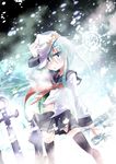  anchor aqua_eyes aqua_hair black_legwear blizzard dutch_angle hibiki_(kantai_collection) kantai_collection kazekawa_nagi long_hair looking_at_viewer neckerchief school_uniform serafuku sidelocks skirt snow snowflakes solo thighhighs torn_clothes verniy_(kantai_collection) 