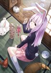  animal_ears blazer blush bunny bunny_ears bunny_tail crescent fork jacket jenga kyon_(fuuran) long_hair long_sleeves looking_at_viewer pillow plate purple_hair red_eyes reisen_udongein_inaba sitting skirt smile solo tail tatami touhou wariza water_gun white_legwear 