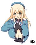  aqua_eyes atago_(kantai_collection) beret black_gloves blonde_hair blush breasts center_opening cleavage covered_nipples darkmaya gloves hat highres kantai_collection large_breasts long_hair military military_uniform paizuri_invitation ribbon sexually_suggestive simple_background smile solo uniform upper_body white_background 