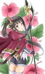  1girl amamiya_akira ass atelier_(series) atelier_totori blush brown_hair cape flower from_behind gloves hair_ornament long_hair looking_back mimi_houllier_von_schwarzlang open_mouth parted_lips polearm ponytail purple_eyes side_ponytail spear thighhighs weapon 