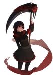  1girl black_hair black_legwear cape corset dress huge_weapon looking_at_viewer pantyhose ruby_rose rwby scythe short_hair smile solo standing weapon white_background 