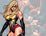  athletic black_gloves black_legwear blonde_hair breasts carol_danvers cowboy_shot elbow_gloves frank_cho gloves long_hair lowres marvel mask monster ms._marvel non-web_source struggling superhero thighhighs 