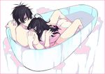  1girl ass bags_under_eyes bathtub black_hair border brother_and_sister green_eyes hug kuroki_tomoki kuroki_tomoko long_hair mixed_bathing nude partially_submerged puririririn red_border siblings watashi_ga_motenai_no_wa_dou_kangaetemo_omaera_ga_warui! water 