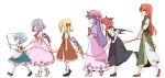 6+girls :d ^_^ apron ascot baggy_pants bangs bat_wings black_dress black_footwear blonde_hair bloomers blue_bow blue_dress blue_footwear blue_hair blue_ribbon book bow braid closed_eyes commentary_request crystal demon_wings dress eyebrows_visible_through_hair eyes_closed flag flandre_scarlet full_body green_skirt green_vest hair_bow hat hat_bow head_wings high_heels holding holding_book holding_flag hong_meiling izayoi_sakuya koakuma long_hair mob_cap multiple_girls no_hat no_headwear one_side_up open_mouth orange_hair pants patchouli_knowledge petticoat pink_dress pointy_ears puffy_short_sleeves puffy_sleeves purple_capelet purple_dress purple_footwear purple_hat red_bow red_footwear red_neckwear red_ribbon red_skirt red_string red_vest remilia_scarlet ribbon shirt shoe_ribbon shoes short_hair short_sleeves side_slit silver_hair simple_background skirt skirt_lift smile souta_(karasu_no_ouchi) string striped touhou triangular_headpiece underwear vertical-striped_dress vertical_stripes very_long_hair vest waist_apron walking white_apron white_background white_bloomers white_footwear white_pants white_shirt wings yellow_neckwear younger |_| 