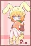  animal_hat bad_id bad_pixiv_id berry_(strawberry_6) blue_eyes blush_stickers bunny_hat carrot character_name colorized hat highres kagamine_rin oversized_object solo vocaloid younger 