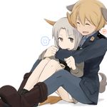  anger_vein animal_ears blonde_hair boots brave_witches closed_eyes dog_ears edytha_rossmann heart hug hug_from_behind military military_uniform multiple_girls pantyhose shiraba_(sonomama_futene) short_hair silver_eyes silver_hair simple_background sitting spoken_anger_vein spoken_heart tail uniform waltrud_krupinski white_background world_witches_series 