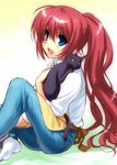  :d a-chan_senpai apron black_cat blue_eyes blush cat clannad company_connection cosplay denim jeans jpeg_artifacts key_(company) little_busters! long_hair open_mouth pants red_hair sagara_misae sagara_misae_(cosplay) shirt sitting sleeves_rolled_up smile socks solo white_shirt zen 