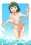  :d bangs bikini blunt_bangs blush bouncing_breasts breasts cleavage clenched_hand day egooo gradient green_hair hairband idolmaster idolmaster_(classic) knees_together_feet_apart large_breasts leaning_forward looking_at_viewer mole mole_under_mouth navel nipple_slip nipples ocean open_mouth orange_eyes otonashi_kotori outdoors outstretched_arm short_hair side-tie_bikini sky smile solo splashing standing string_bikini summer swimsuit thigh_gap unaligned_breasts wading wardrobe_malfunction water waving yellow_hairband 