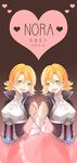  aqua_eyes character_name cleavage_cutout copyright_name dated dual_persona dy_(372127010) flipped_hair gradient gradient_background heart multiple_girls nora_valkyrie open_mouth orange_hair rwby smile symmetry 