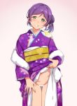  1girl alternate_costume alternate_hairstyle bar_censor blush censored clenched_teeth clothes_lift deyuuku eyebrows_visible_through_hair green_eyes japanese_clothes kimono kimono_lift lifted_by_self long_sleeves looking_at_viewer love_live! love_live!_school_idol_project obi pink_background purple_hair purple_kimono sash short_hair smile solo teeth toujou_nozomi 