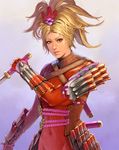  armor bad_id bad_pixiv_id blonde_hair bodysuit hair_up japanese_armor natsu_(soulcalibur) sheath shoulder_armor skin_tight sode solo soulcalibur soulcalibur_v sword take_no_ko_(dodon) weapon white_background 