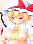  alternate_breast_size ascot blonde_hair blush breasts crystal dress_shirt flandre_scarlet hat hat_ribbon highres large_breasts looking_at_viewer mob_cap nipples open_clothes open_shirt red_eyes rena_(riries) ribbon shirt short_hair smile solo touhou wings 