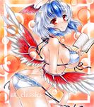  ahoge alternate_costume ass at_classics bikini blue_hair blush book breasts head_wings horns large_breasts looking_at_viewer marker_(medium) multicolored_hair red_eyes sample short_hair side-tie_bikini silver_hair single_head_wing smile solo swimsuit tokiko_(touhou) touhou traditional_media two-tone_hair untied untying wings 