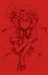  bat_wings blood closed_eyes cross dress dripping harusame_(unmei_no_ikasumi) hat monochrome red_background remilia_scarlet short_hair smile solo touhou wings 