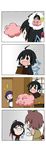  &gt;_&lt; /\/\/\ 1boy 3girls 4koma :d absurdres ahoge animal_ears asymmetrical_wings bandaid bandaid_on_nose black_dress black_hair blue_hair blush_stickers brown_hair calling chibi closed_eyes comic dress fang flying flying_sweatdrops futatsuiwa_mamizou highres hood houjuu_nue jumping kumoi_ichirin lakitu leaf leaf_on_head multiple_girls open_mouth peeking_out raccoon_ears raccoon_tail rakugaki-biyori silent_comic smile solid_circle_eyes tail tears touhou trembling unzan wings xd 