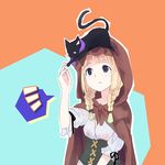  animal animal_on_head bad_id bad_pixiv_id blonde_hair blue_eyes braid cat cat_on_head dress head_rest hood hood_up kuroba_u kurone_(pl_vs_gs) long_hair looking_up mahoney_katalucia on_head professor_layton_vs._gyakuten_saiban solo twin_braids 