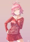  clothes_writing collarbone grey_background hand_on_hip hand_on_own_chin highres long_sleeves looking_at_viewer md5_mismatch my_phone naked_shirt original pink_eyes pink_hair re_lucy shirt short_hair signature simple_background smirk solo 
