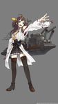  ahoge black_eyes black_legwear boots brown_hair cannon grey_background hair_bun hakama_skirt hand_on_hip headgear high_heels highres japanese_clothes kantai_collection kongou_(kantai_collection) konishi_(koconatu) long_hair miko official_art open_mouth outstretched_arm simple_background solo thigh_boots thighhighs turret 